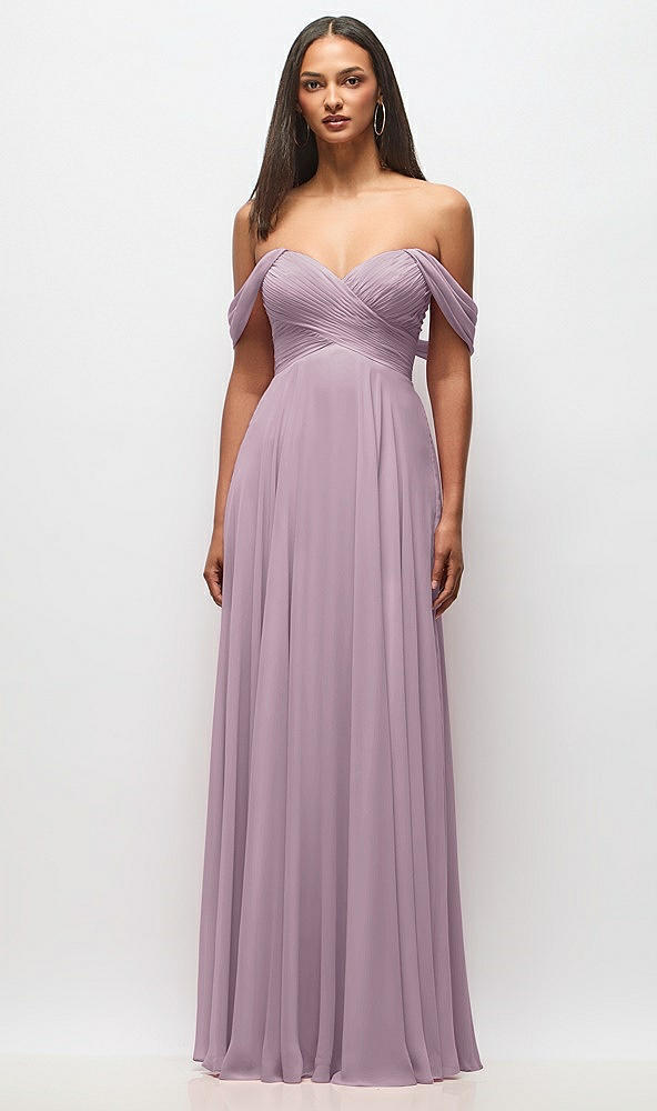 Front View - Suede Rose Off-the-Shoulder Draped Chiffon Maxi Dress