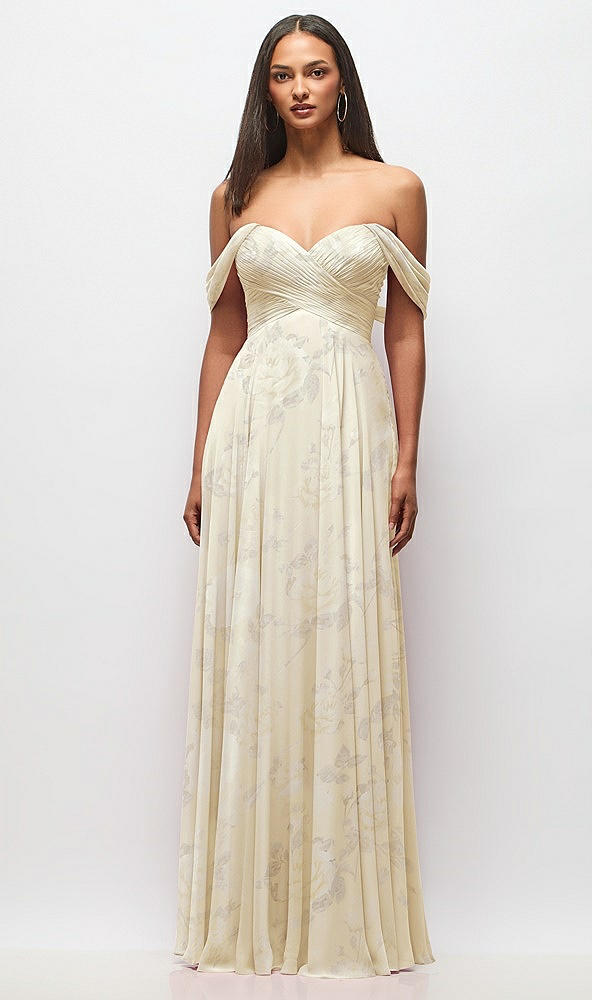 Front View - Butter Yellow Floral Off-the-Shoulder Draped Chiffon Maxi Dress