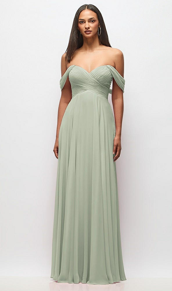 Front View - Celadon Off-the-Shoulder Draped Chiffon Maxi Dress