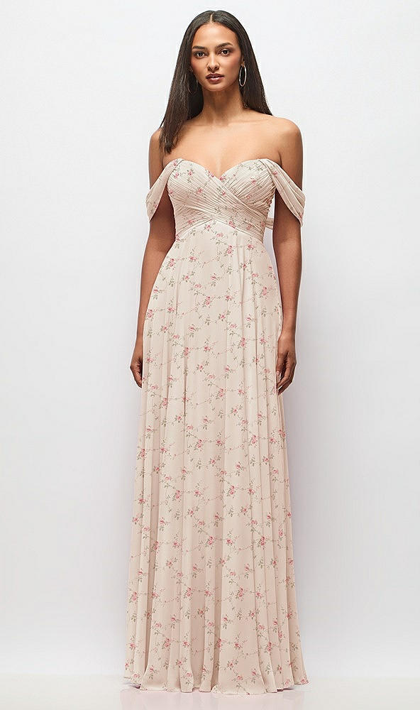 Front View - Coquette Floral Print Off-the-Shoulder Draped Chiffon Maxi Dress