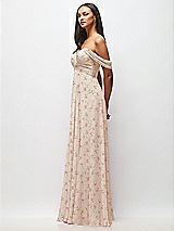 Side View Thumbnail - Coquette Floral Print Off-the-Shoulder Draped Chiffon Maxi Dress