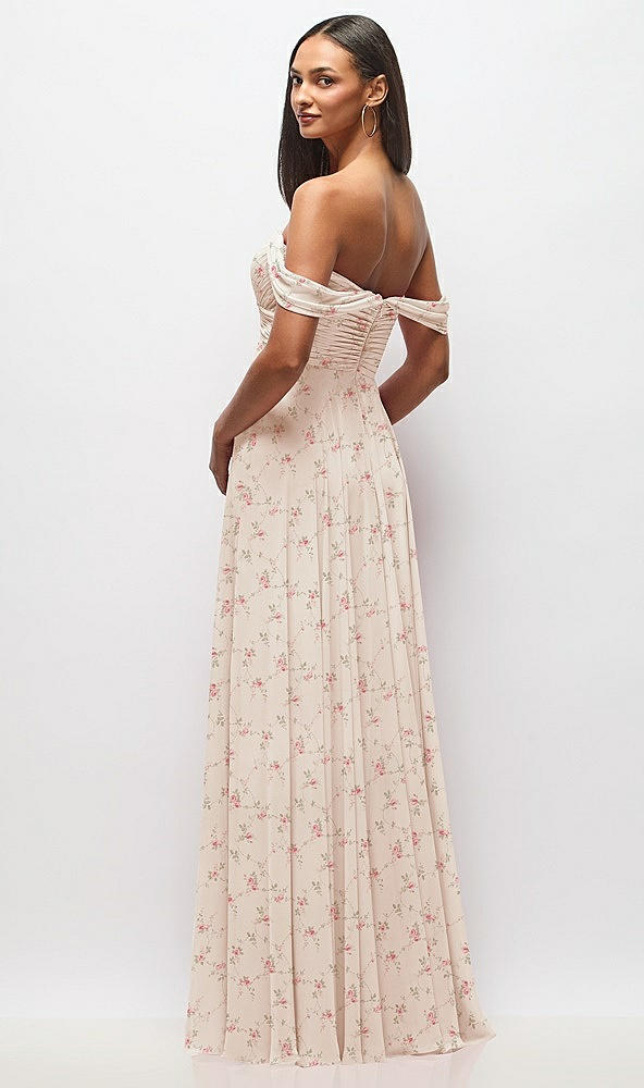 Back View - Coquette Floral Print Off-the-Shoulder Draped Chiffon Maxi Dress