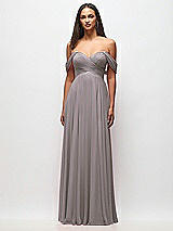 Front View Thumbnail - Cashmere Gray Off-the-Shoulder Draped Chiffon Maxi Dress