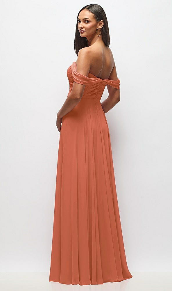Back View - Terracotta Copper Off-the-Shoulder Draped Chiffon Maxi Dress