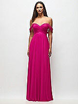 Front View Thumbnail - Think Pink Off-the-Shoulder Draped Chiffon Maxi Dress