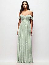 Front View Thumbnail - Vintage Primrose Sage Off-the-Shoulder Draped Chiffon Maxi Dress