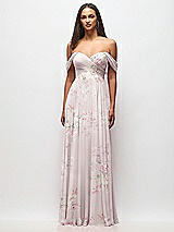 Front View Thumbnail - Watercolor Print Off-the-Shoulder Draped Chiffon Maxi Dress