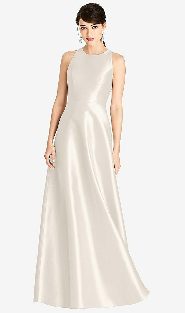 Front View - Ivory Sleeveless Open-Back Satin A-Line Dress