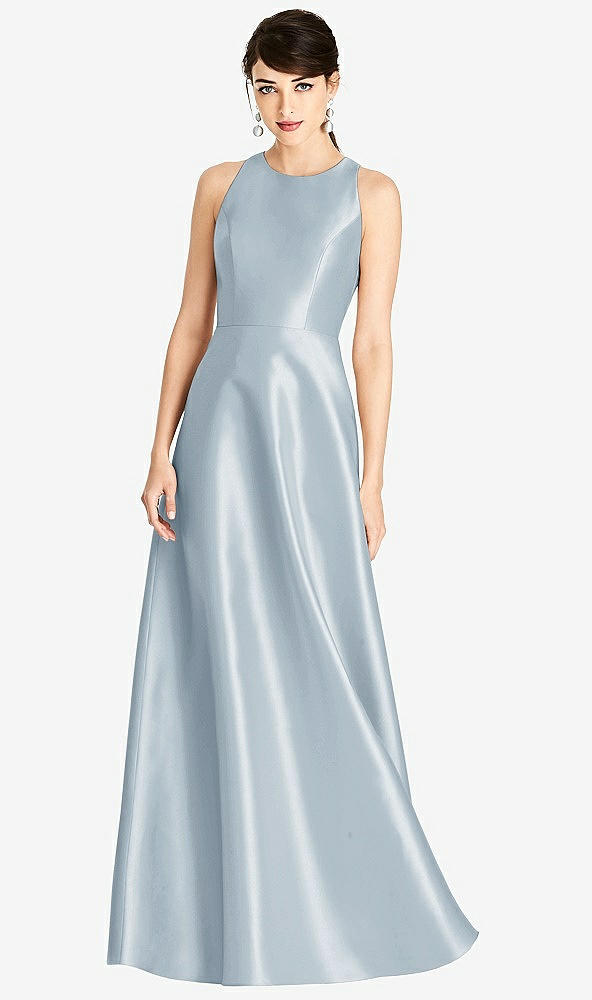 Front View - Mist Sleeveless Open-Back Satin A-Line Dress