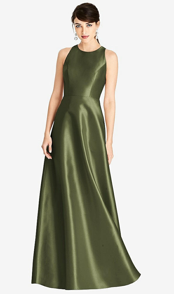 Front View - Olive Green Sleeveless Open-Back Satin A-Line Dress