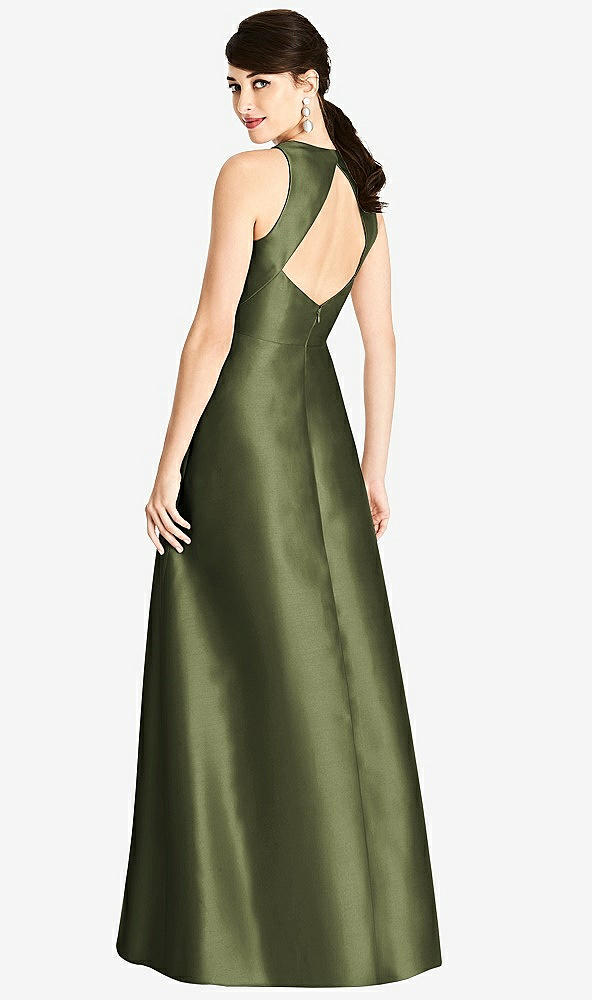 Back View - Olive Green Sleeveless Open-Back Satin A-Line Dress
