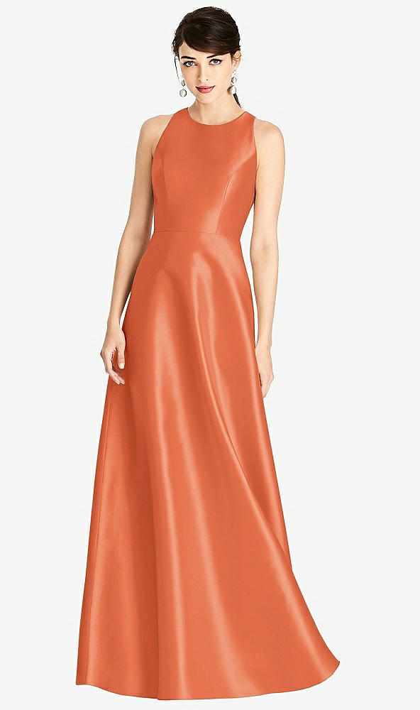 Front View - Portofino Orange Sleeveless Open-Back Satin A-Line Dress