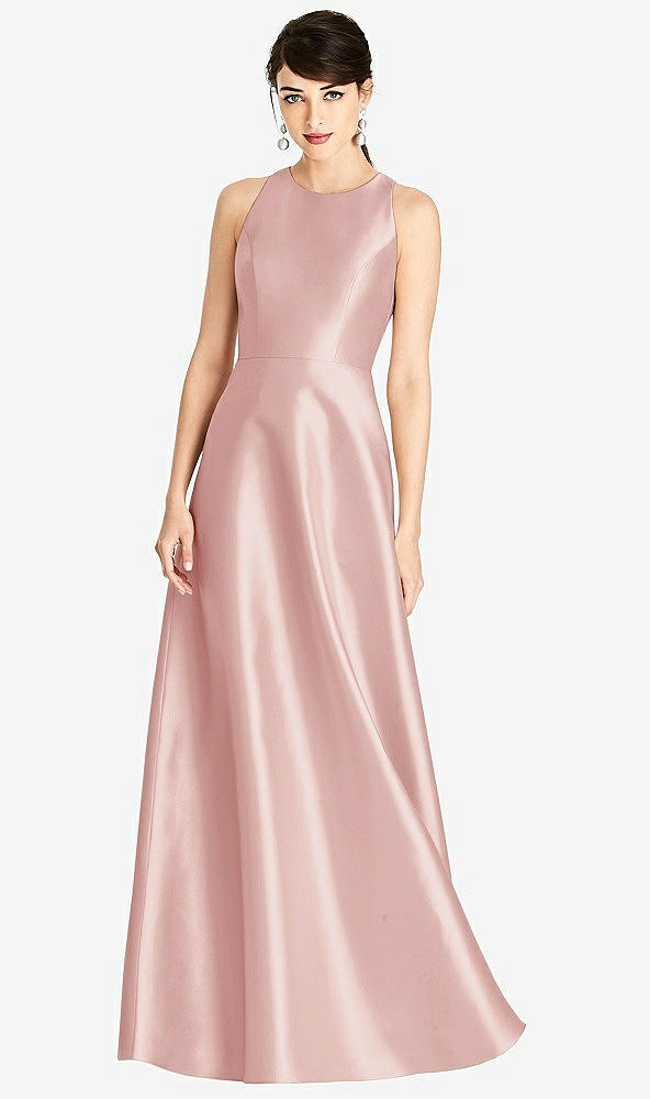 Front View - Rose Sleeveless Open-Back Satin A-Line Dress