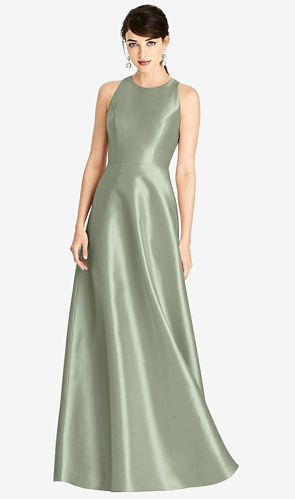 Front View - Sage Sleeveless Open-Back Satin A-Line Dress