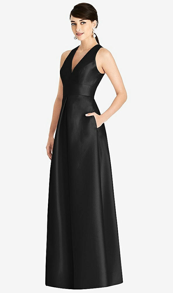 Front View - Black Sleeveless Open-Back Pleated Skirt Dress with Pockets