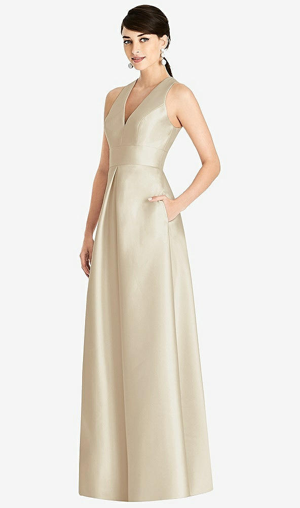 Front View - Champagne Sleeveless Open-Back Pleated Skirt Dress with Pockets