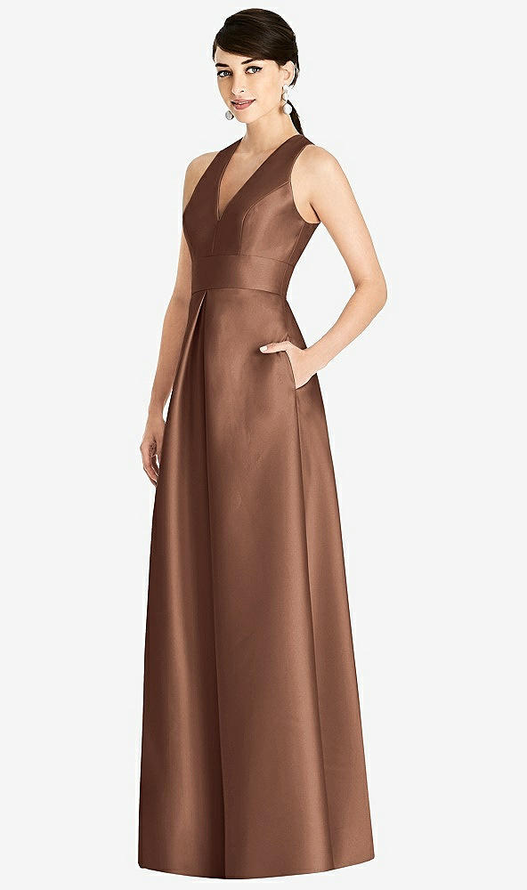 Front View - Cognac Sleeveless Open-Back Pleated Skirt Dress with Pockets