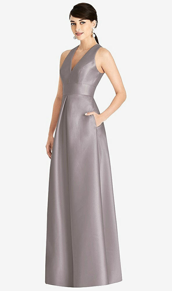 Front View - Cashmere Gray Sleeveless Open-Back Pleated Skirt Dress with Pockets