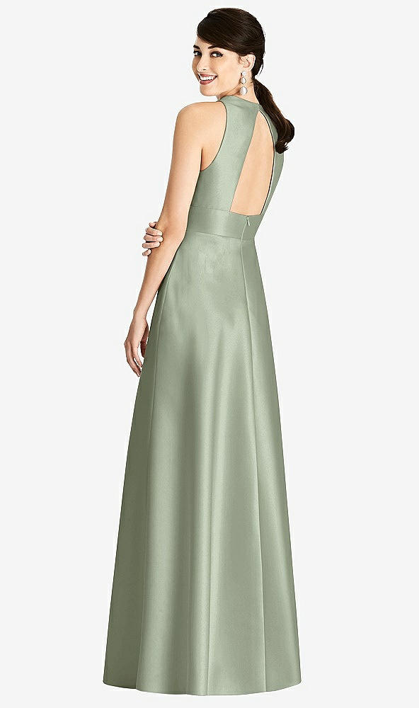 Back View - Sage Sleeveless Open-Back Pleated Skirt Dress with Pockets