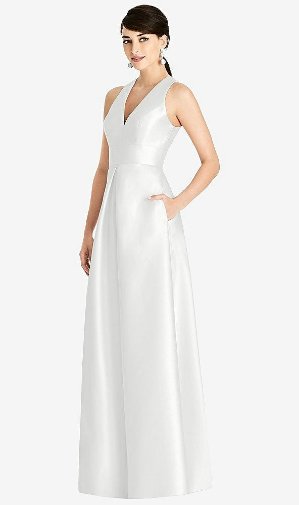 Front View - White Sleeveless Open-Back Pleated Skirt Dress with Pockets