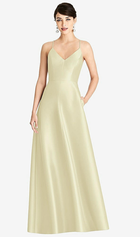 Front View - Butter Yellow V-Neck Full Skirt Satin Maxi Dress