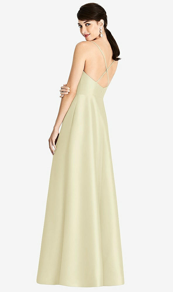 Back View - Butter Yellow V-Neck Full Skirt Satin Maxi Dress