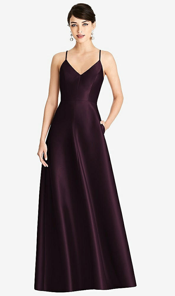 Front View - Deep Plum V-Neck Full Skirt Satin Maxi Dress