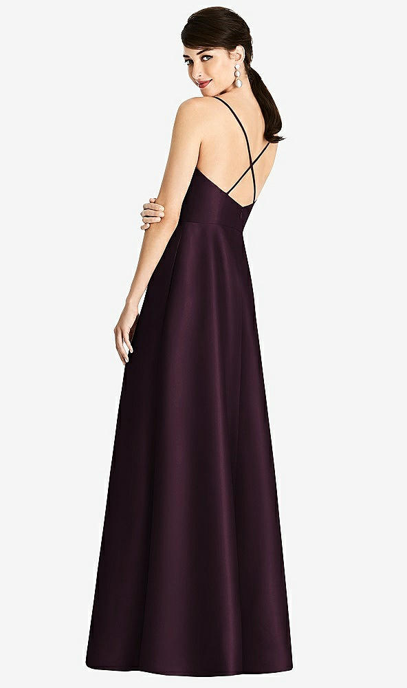 Back View - Deep Plum V-Neck Full Skirt Satin Maxi Dress