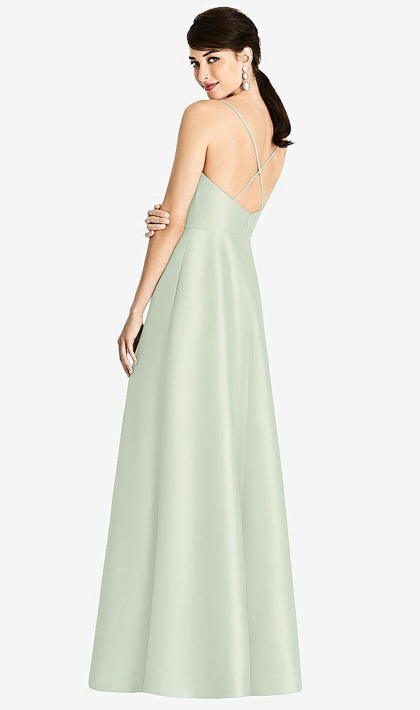 Back View - Mint Green V-Neck Full Skirt Satin Maxi Dress