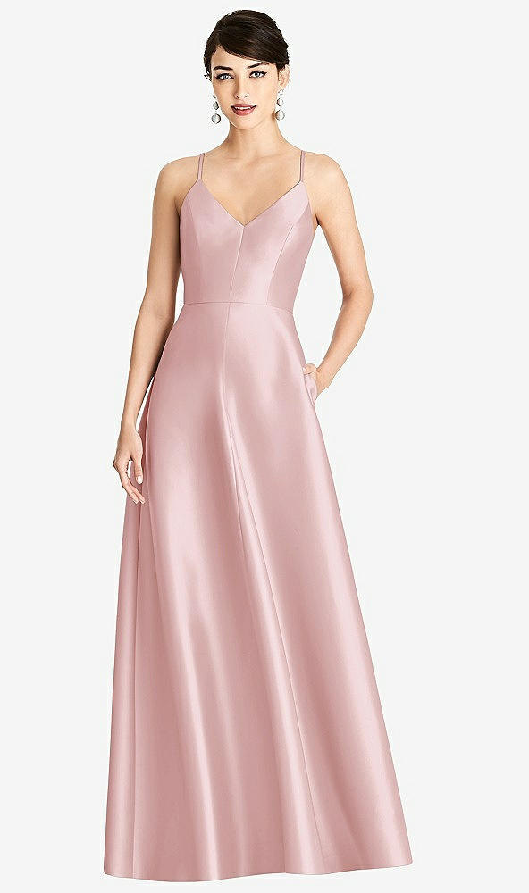 Front View - Ballet Pink V-Neck Full Skirt Satin Maxi Dress