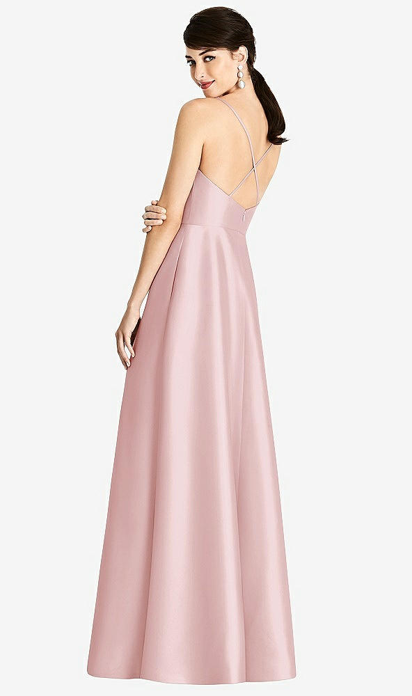 Back View - Ballet Pink V-Neck Full Skirt Satin Maxi Dress