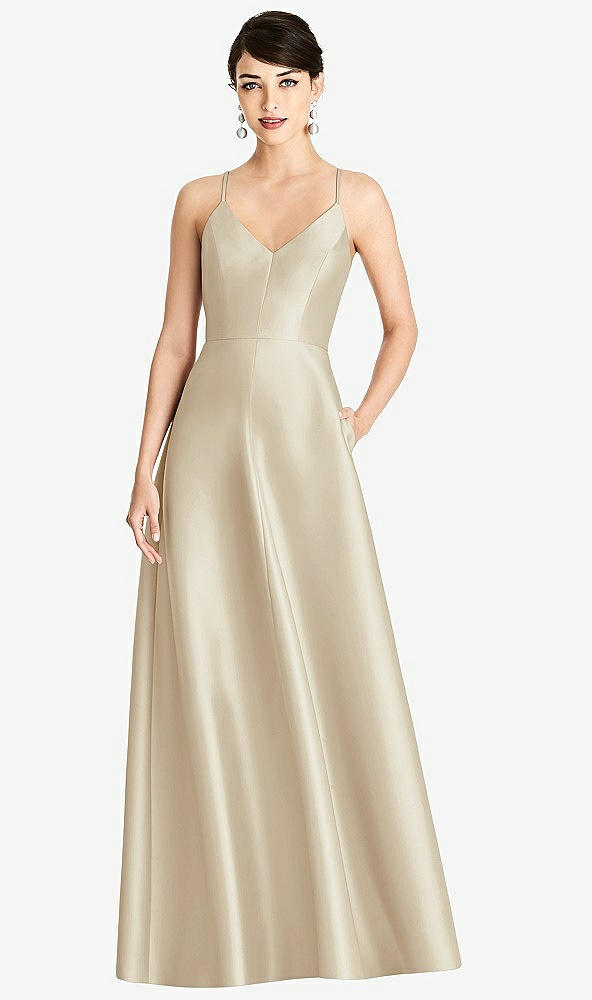 Front View - Champagne V-Neck Full Skirt Satin Maxi Dress