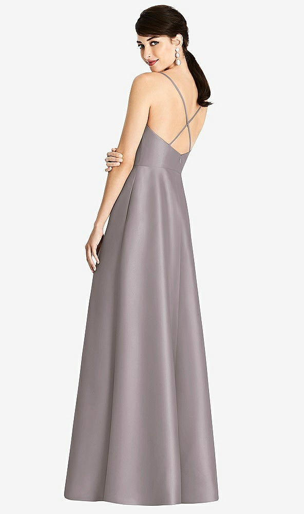 Back View - Cashmere Gray V-Neck Full Skirt Satin Maxi Dress
