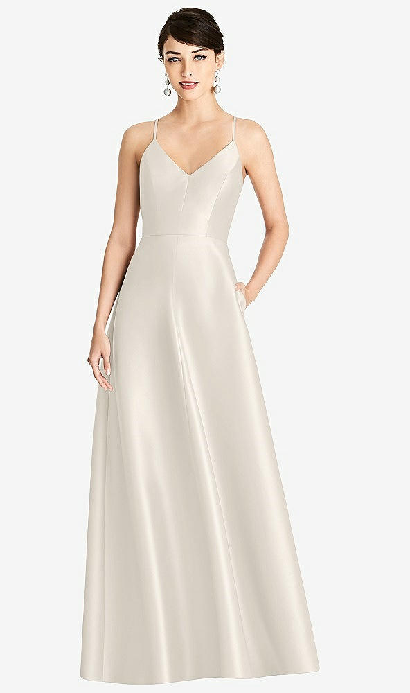 Front View - Ivory V-Neck Full Skirt Satin Maxi Dress