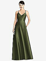 Front View Thumbnail - Olive Green V-Neck Full Skirt Satin Maxi Dress