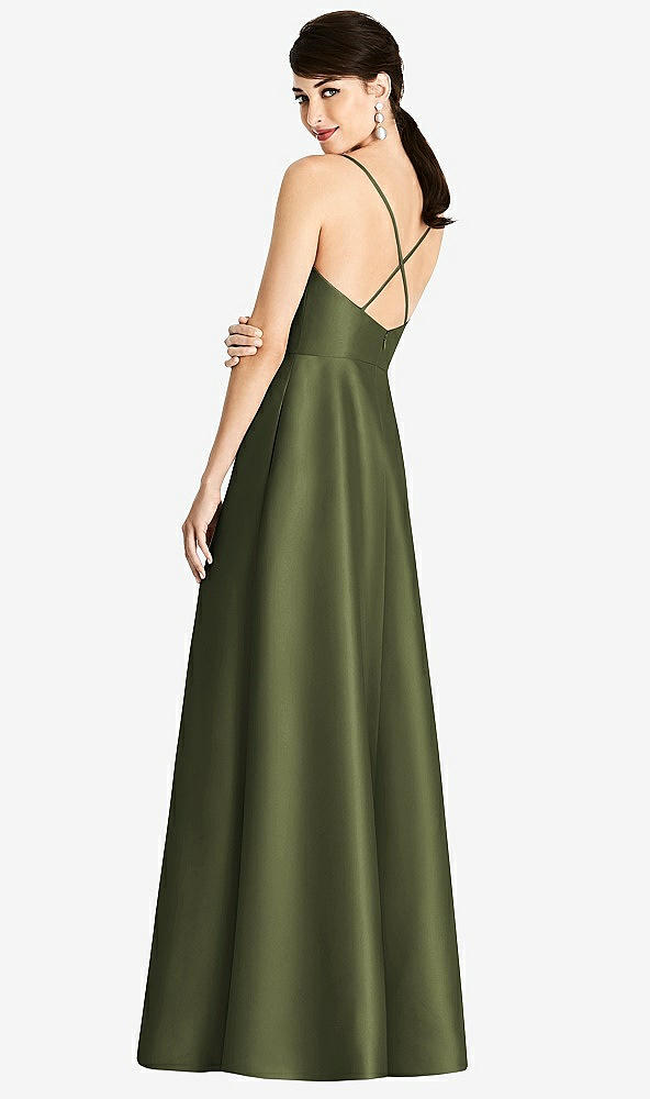 Back View - Olive Green V-Neck Full Skirt Satin Maxi Dress