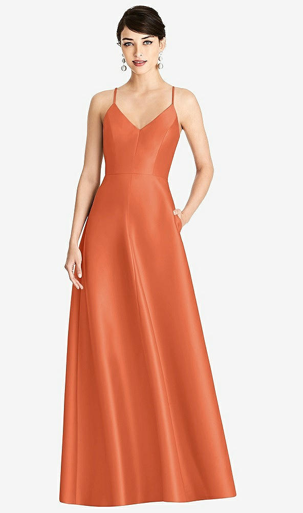 Front View - Portofino Orange V-Neck Full Skirt Satin Maxi Dress