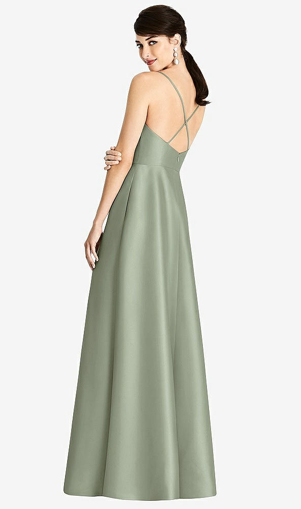 Back View - Sage V-Neck Full Skirt Satin Maxi Dress