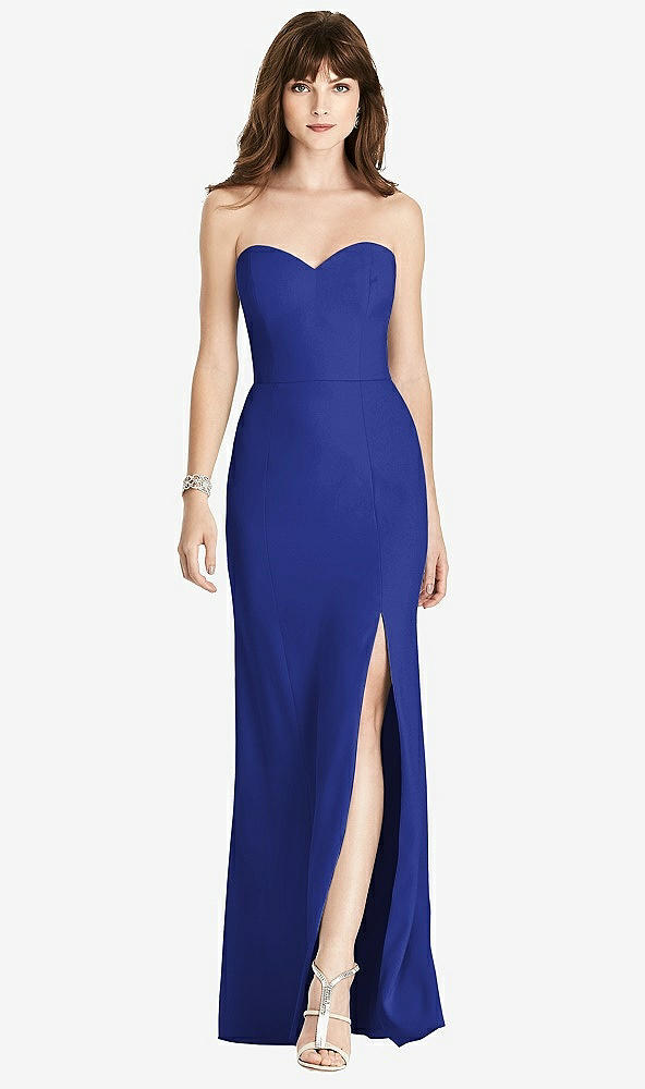 Front View - Cobalt Blue Strapless Crepe Trumpet Gown with Front Slit