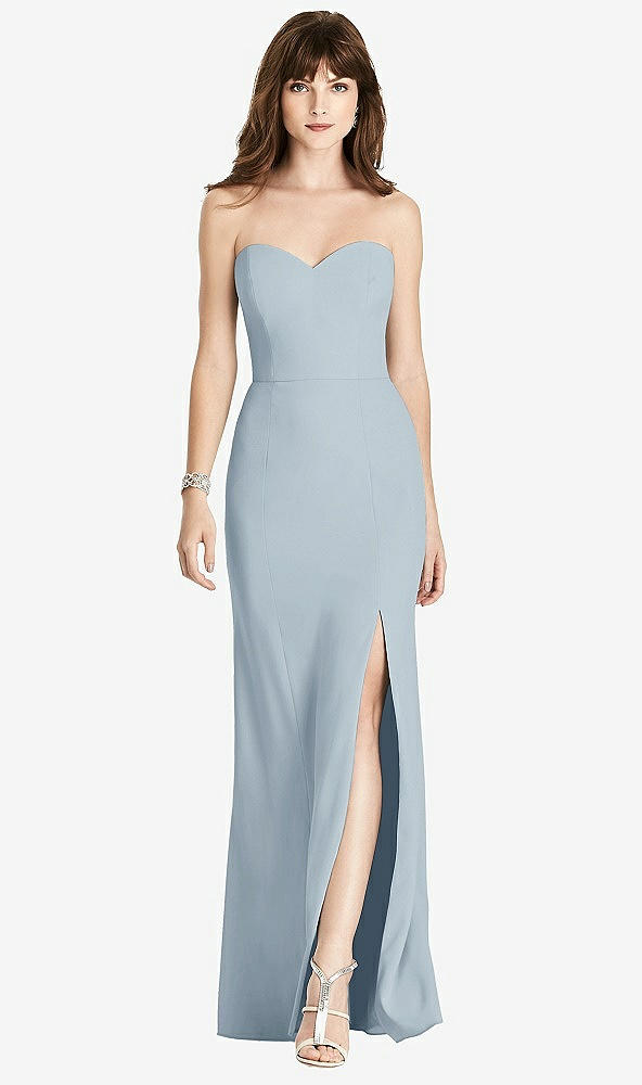 Front View - Mist Strapless Crepe Trumpet Gown with Front Slit