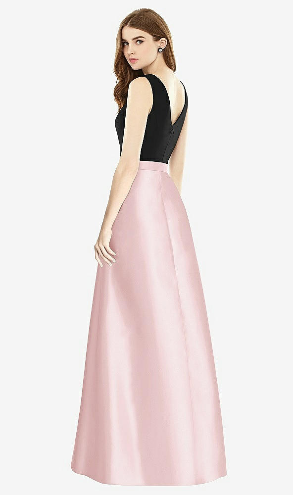 Back View - Ballet Pink & Black Sleeveless A-Line Satin Dress with Pockets