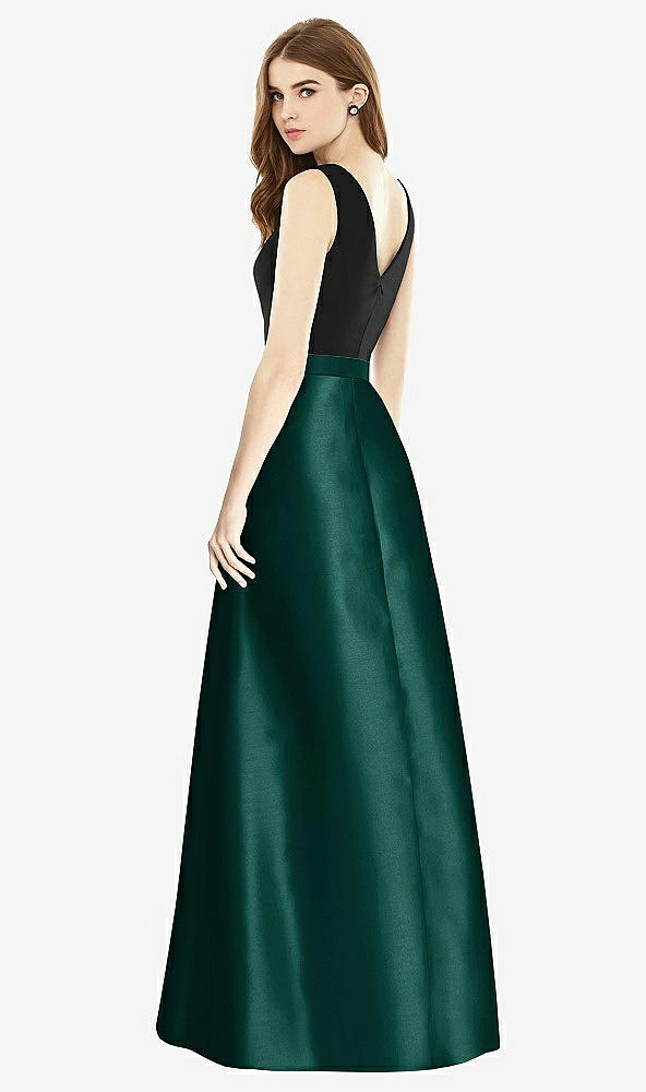 Back View - Evergreen & Black Sleeveless A-Line Satin Dress with Pockets