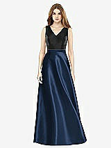 Front View Thumbnail - Midnight Navy & Black Sleeveless A-Line Satin Dress with Pockets