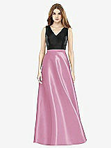 Front View Thumbnail - Powder Pink & Black Sleeveless A-Line Satin Dress with Pockets