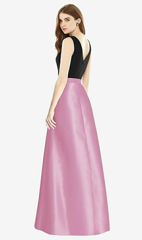 Back View - Powder Pink & Black Sleeveless A-Line Satin Dress with Pockets