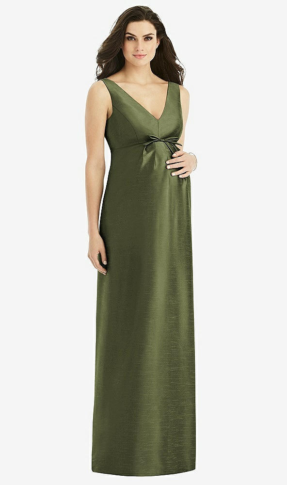 Front View - Olive Green Sleeveless Satin Twill Maternity Dress