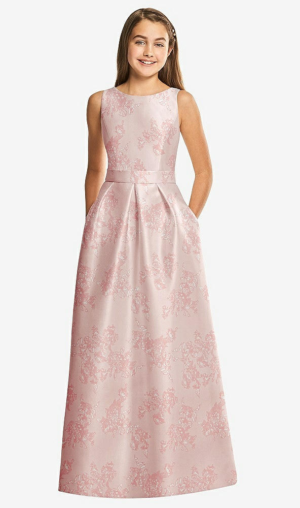 Front View - Bow And Blossom Print Floral Bateau Neck Maxi Junior Bridesmaid Dress with Pockets