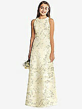 Front View Thumbnail - Butter Yellow Floral Floral Sleeveless Open-Back Satin Junior Bridesmaid Dress