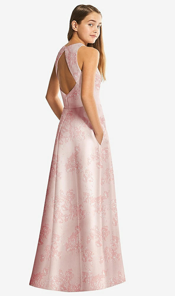 Back View - Bow And Blossom Print Floral Sleeveless Open-Back Satin Junior Bridesmaid Dress