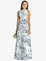 Front View Thumbnail - Cottage Rose Larkspur Floral Sleeveless Open-Back Satin Junior Bridesmaid Dress